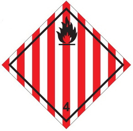 Наклейка: Знак опасности 4.1 "Легковоспламеняющиеся твердые вещества, самореактивные вещества и твердые десенсибилизированные взрывчатые вещества" 250х250 мм