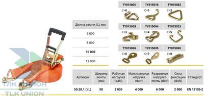 Стяжной ремень с крюками LC2000 daN прорезиненная ручка 50мм, РОМЕК 50.20.1.C.L таблица