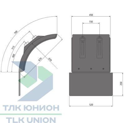 Крыло короткое пластиковое 450х670х700х670 мм с брызговиком 250х520 мм и кронштейнами 40-42 мм, Suer 181378065 вид 1