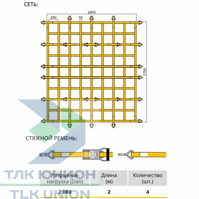 Крепёжная сеть ленточная 2450х2750мм, лента 50мм, ячейки 250х250мм, 3000 daN, РОМЕК КС 4-4