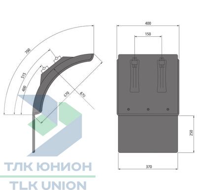 Крыло короткое пластиковое 400х670х700х670 мм с брызговиком 250х370 мм и кронштейнами 40-42 мм, Suer 181378061 вид 2