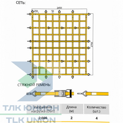 Крепёжная сеть ленточная 2450х2750мм, лента 50мм, ячейки 250х250мм, 3000 daN, РОМЕК КС 4-3